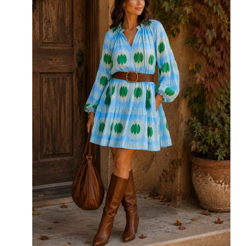 Oliphant Cotton Silk Ikat Tassel Tunic Dress blue green Balloon Sleeve L NWT